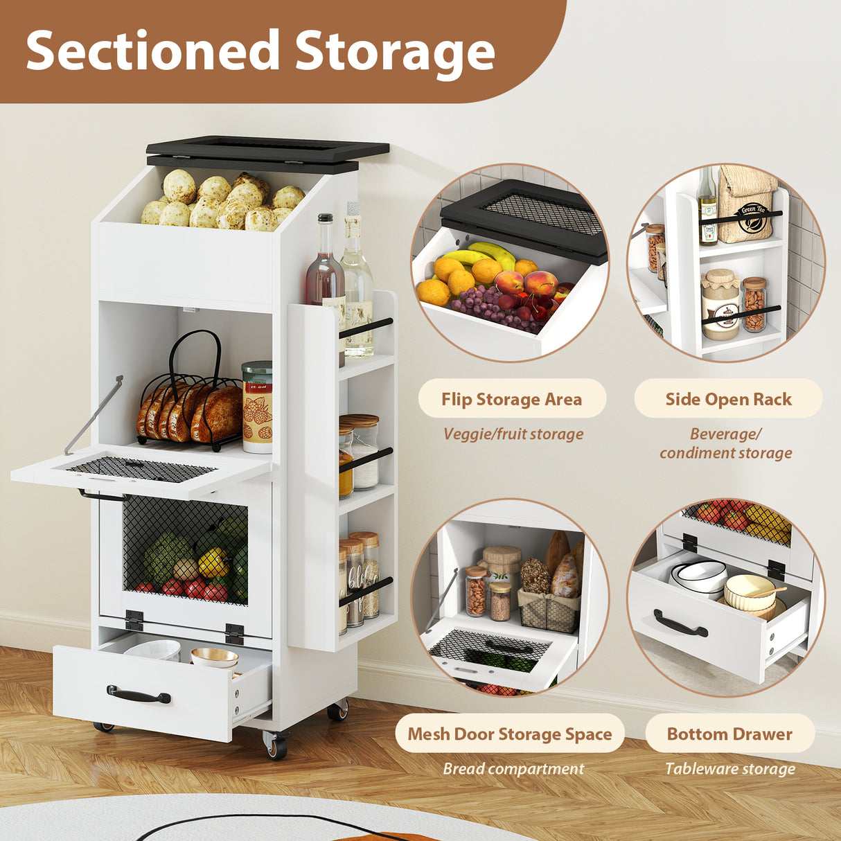 JOIVI 16.0" Potato and Onion Storage Bin on Wheels, 4-Tier Rolling Fruit and Vegetable Organizer with Side Rack & Drawers, Movable Bread Box Cabinet with Mesh Doors for Kitchen
