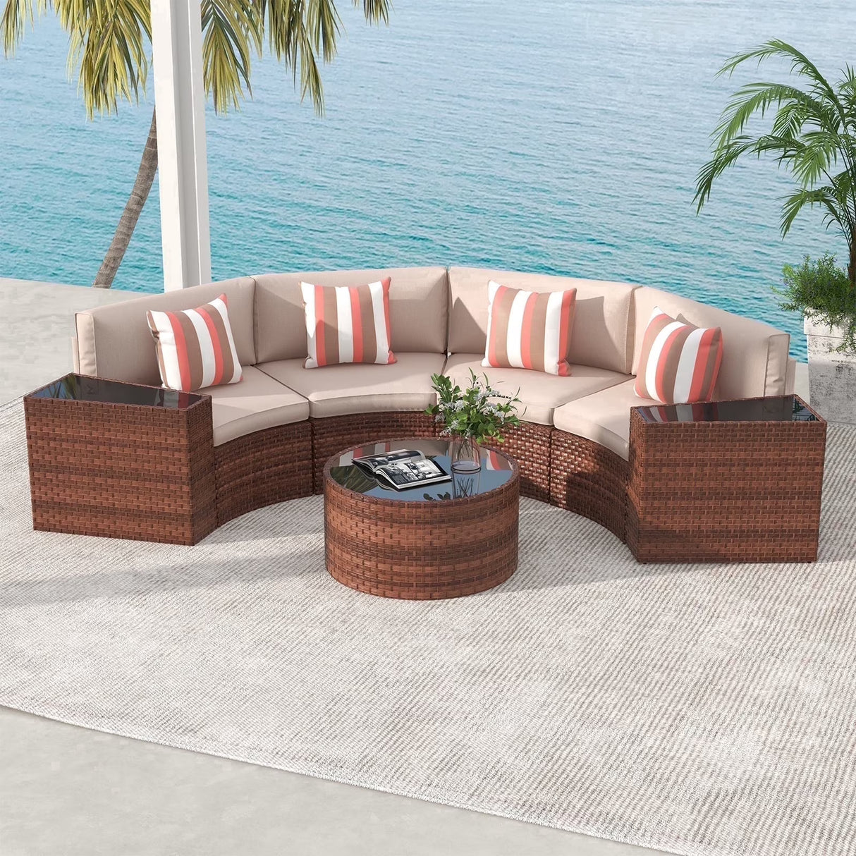 JOIVI 7-Piece Outdoor Patio Furniture Set, Sectional Half-Moon Sofa, Coffee Table, 4 Pillows, Cushion, with Waterproof Cover, for Garden, Backyard, Porch, Sunroom or Pool