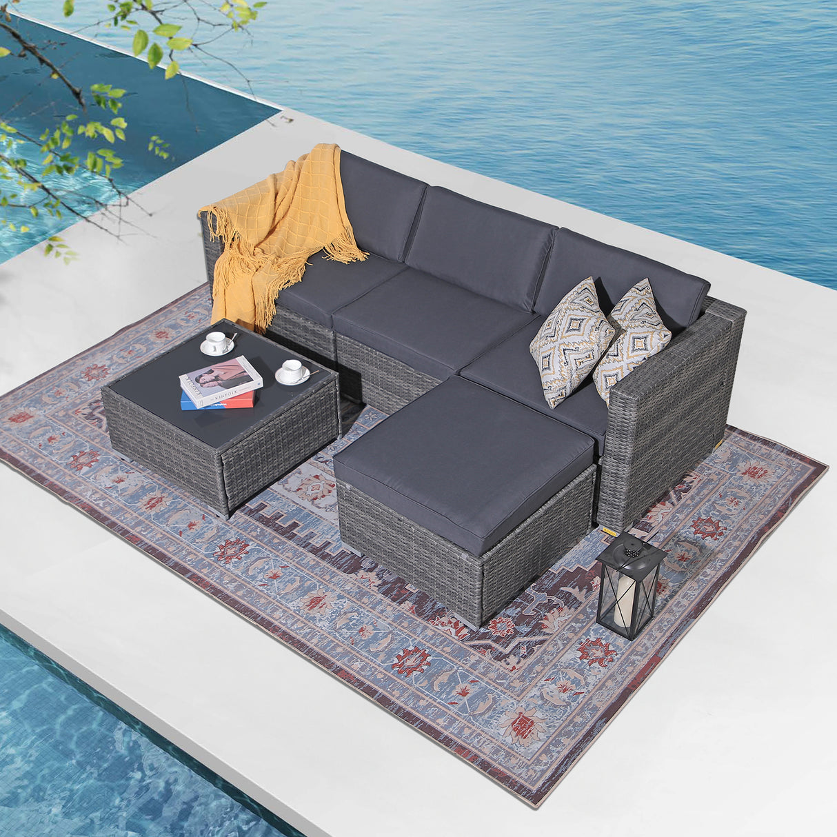 OC Orange-Casual Modern Outdoor Patio Furniture Set，5-Piece Gray Wicker Sectional Sofa, with Cushions and Coffee Table