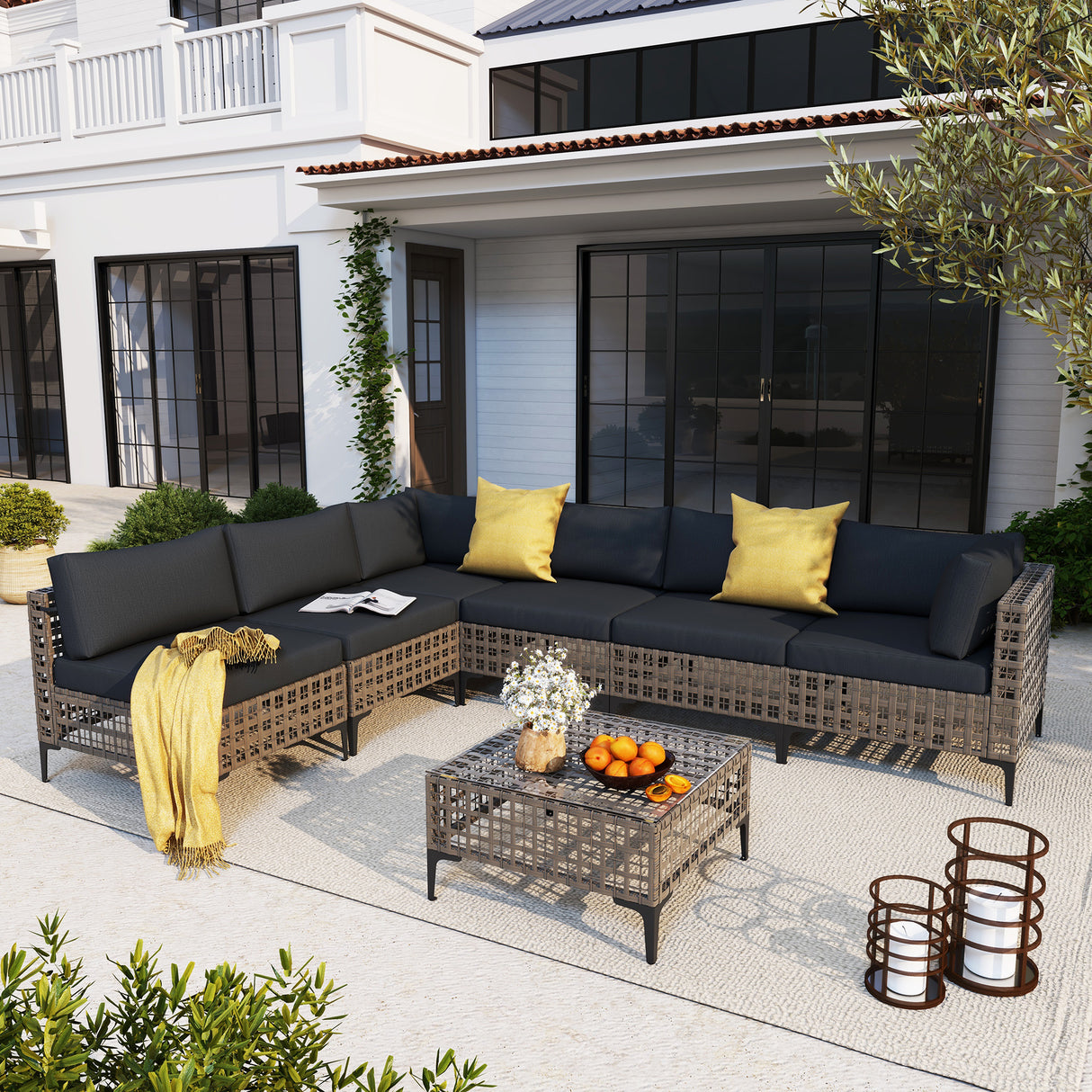 JOIVI 7 Pieces Patio Furniture Set, Outdoor Sectional Sofa Set with Cushion and Coffee Table, 7-Piece PE Rattan Conversation Set for Deck, Porch, Backyard