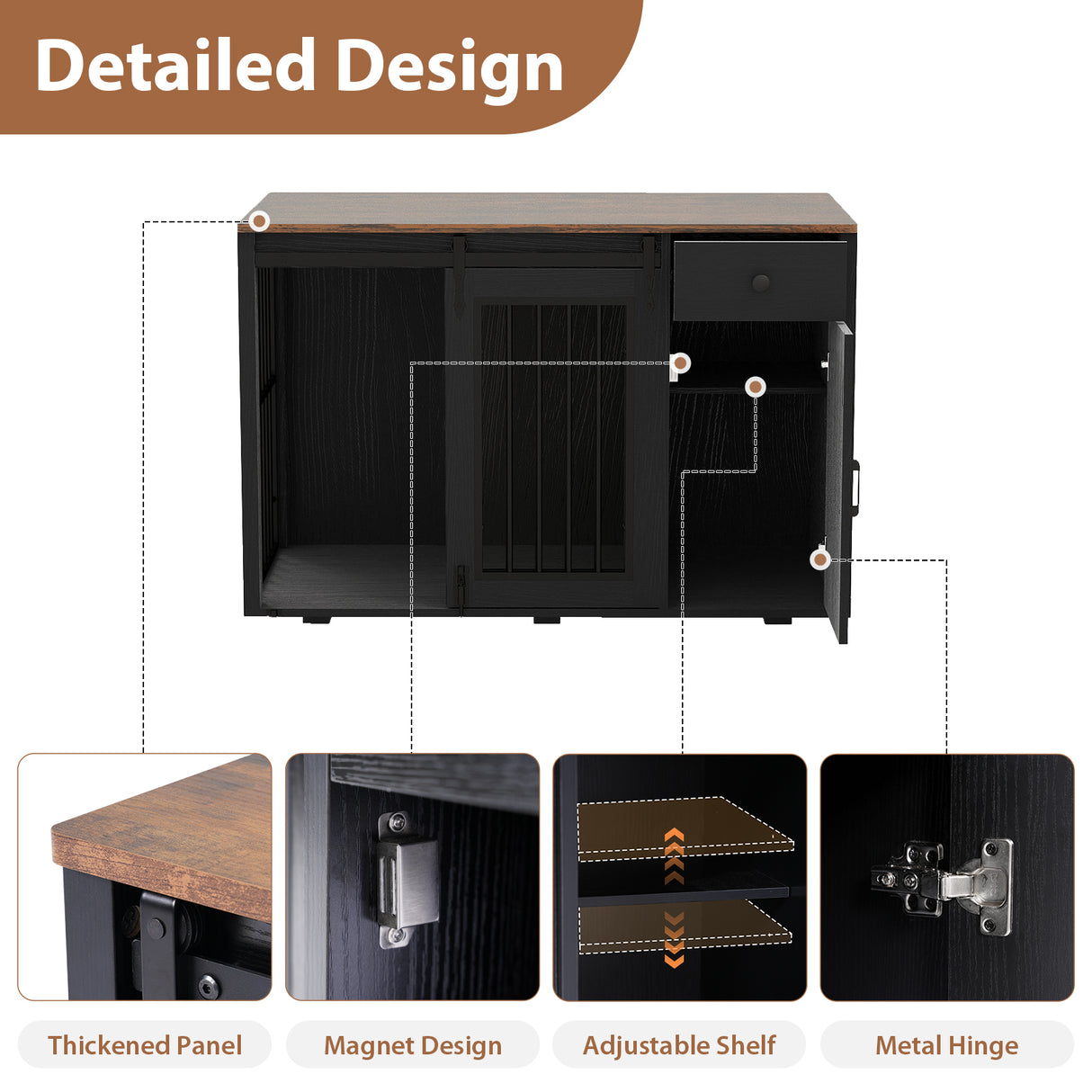 JOIVI  44" Dog Crate Furniture, Wooden Dog Kennel with Sliding Barn Door, Drawer and Storage Cabinet