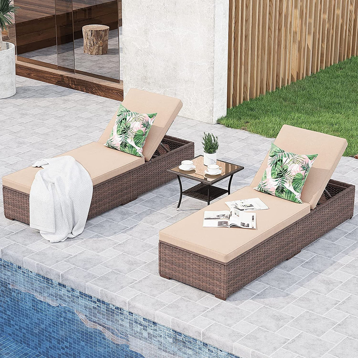 JOIVI Outdoor Chaise Lounge Chair, 3 Piece Patio Reclining Sun Lounger with Coffee Table, All Weather PE Rattan Adjustable Lounge Chair, Patio Pool Lounge Chairs with Removable Cushion