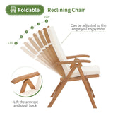 Folding Patio Dining Chair Set of 2, Outdoor Acacia Wooden Reclining Chair w/Armrest & Removeable Cushion, FSC Certified Wood, for Porch, Backyard, Garden, Indoor, No Assembly