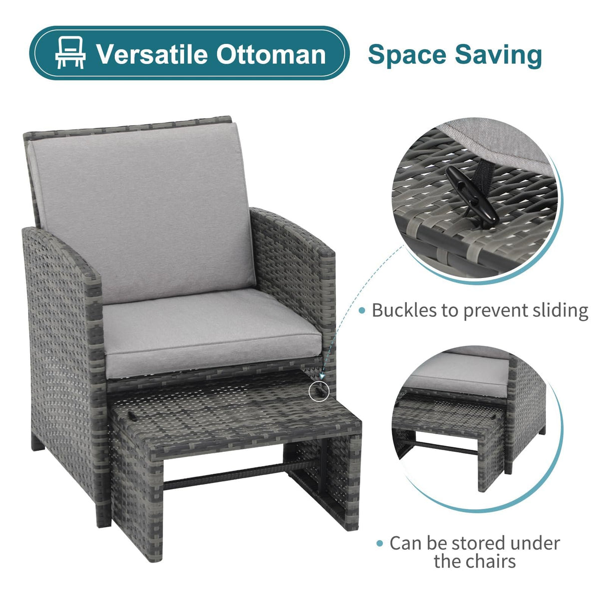 5 Piece Patio Furniture Set, Wicker Outdoor Patio Set with Ottoman and Small Coffee Table, Pillows Included