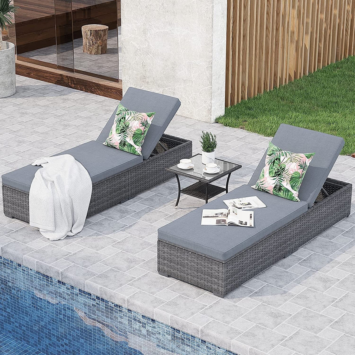 JOIVI Outdoor Chaise Lounge Chair, 3 Piece Patio Reclining Sun Lounger with Coffee Table, All Weather PE Rattan Adjustable Lounge Chair, Patio Pool Lounge Chairs with Removable Cushion