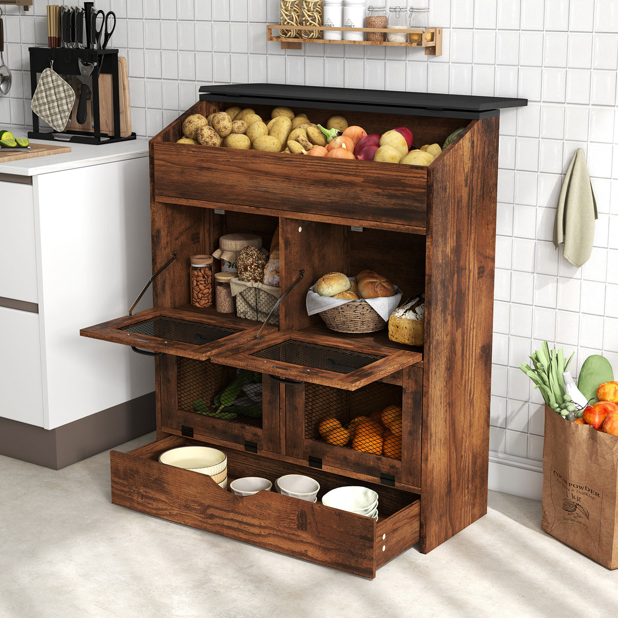 JOIVI Large Potato Storage Wood Bin, Wooden Bread Storage Bins with Removable Drawer & 4 Doors, 31'' Onion Organizer with Grocery Section, Vegetable Organization Cabinet for Kitchen