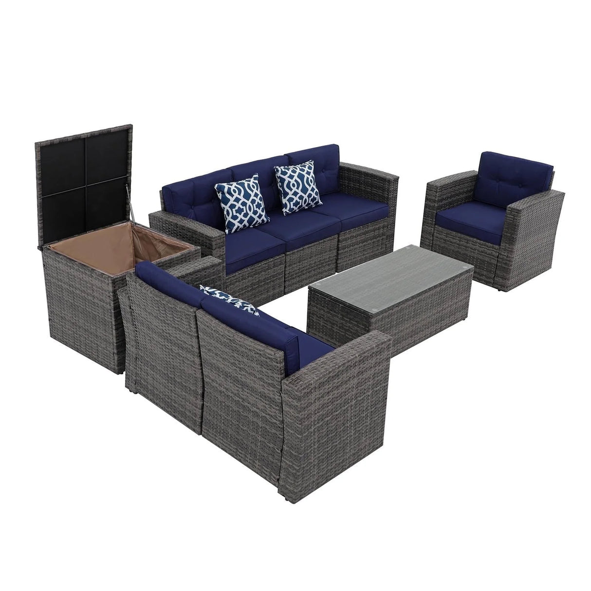 JOIVI 8 Pieces Patio Furniture Conversation Set, Outdoor Sectional Patio Sofa Set with Storage Box, Coffee Table, 3 Pillows, for Garden, Porch