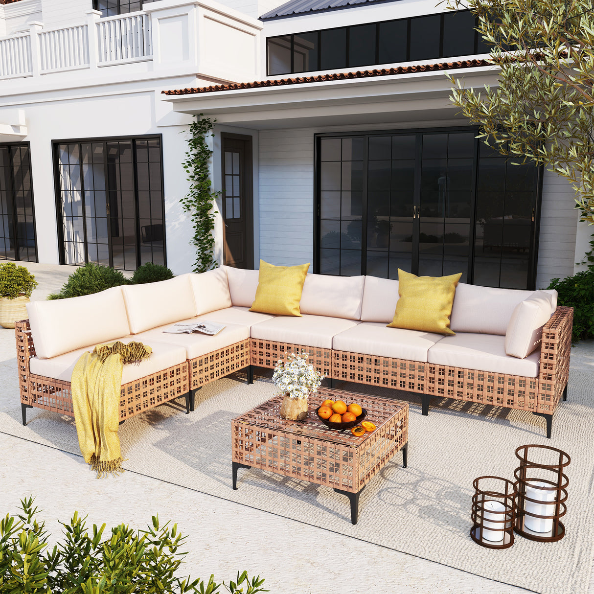 JOIVI 7 Pieces Patio Furniture Set, Outdoor Sectional Sofa Set with Cushion and Coffee Table, 7-Piece PE Rattan Conversation Set for Deck, Porch, Backyard