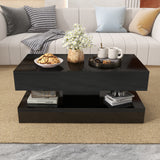 JOIVI LED Coffee Table with 2 Storage Drawers, Modern High Gloss Coffee Table, 2 Tiers Rectangle Center Table, 16-Color LED Lights