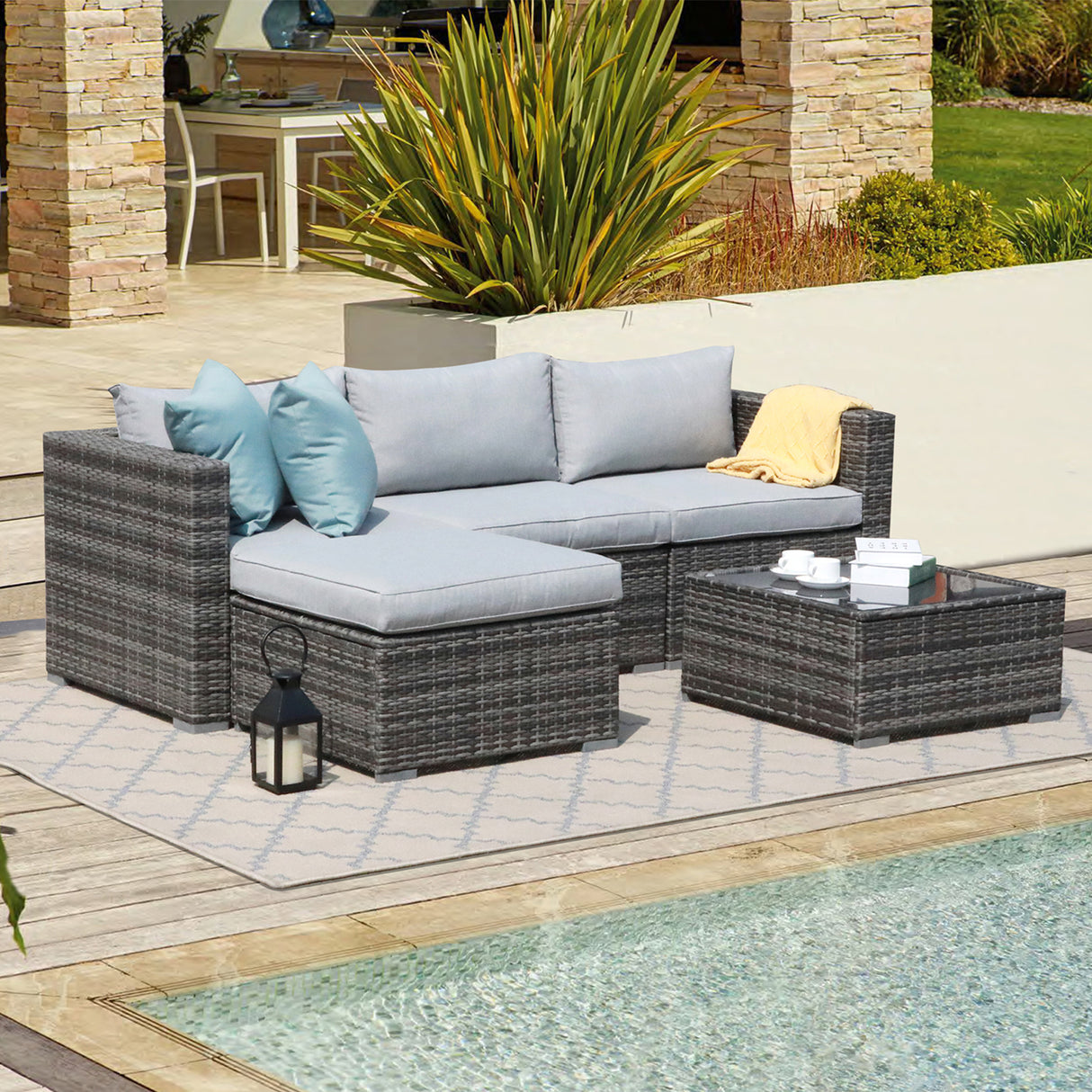 JOIVI 5 Pieces Outdoor Patio Furniture Set, All Weather PE Wicker Rattan Sectional Furniture Set with Cushions and Coffee Table