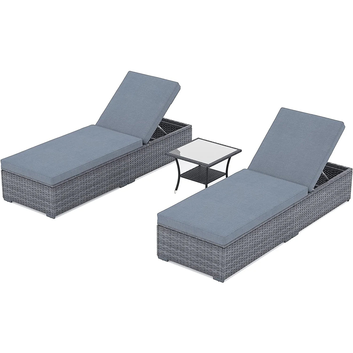 JOIVI Outdoor Chaise Lounge Chair, 3 Piece Patio Reclining Sun Lounger with Coffee Table, All Weather PE Rattan Adjustable Lounge Chair, Patio Pool Lounge Chairs with Removable Cushion