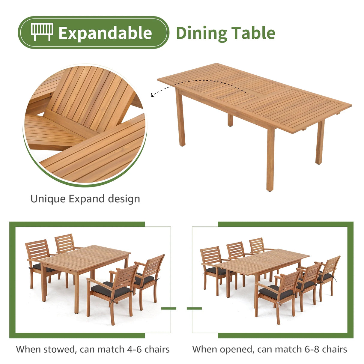 7 Piece Patio Dining Set, Outdoor Acacia Wood Furniture Set, Extendable Rectangular Table and 6 Stackable chairs