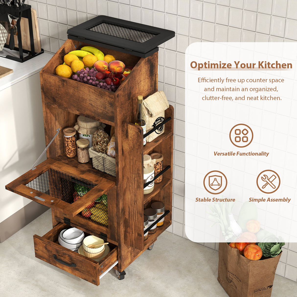 JOIVI 16.0" Potato and Onion Storage Bin on Wheels, 4-Tier Rolling Fruit and Vegetable Organizer with Side Rack & Drawers, Movable Bread Box Cabinet with Mesh Doors for Kitchen