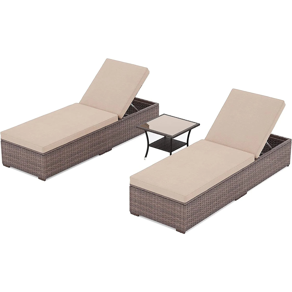JOIVI Outdoor Chaise Lounge Chair, 3 Piece Patio Reclining Sun Lounger with Coffee Table, All Weather PE Rattan Adjustable Lounge Chair, Patio Pool Lounge Chairs with Removable Cushion