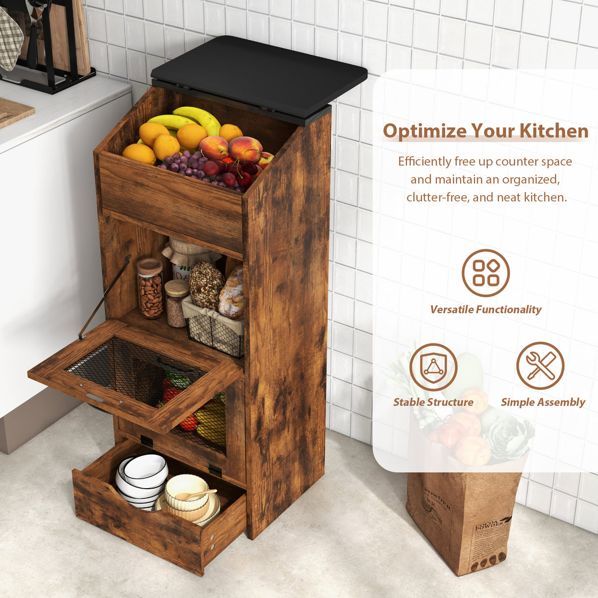 JOIVI Potato Storage Wood Bin, Wooden Bread Storage Bins with Removable Drawer & 2 Doors, 16'' Onion Organizer with Grocery Section, Vegetable Organization Cabinet for Kitchen