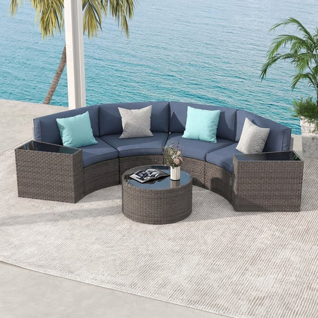 JOIVI 7-Piece Outdoor Patio Furniture Set, Sectional Half-Moon Sofa, Coffee Table, 4 Pillows, Cushion, with Waterproof Cover, for Garden, Backyard, Porch, Sunroom or Pool