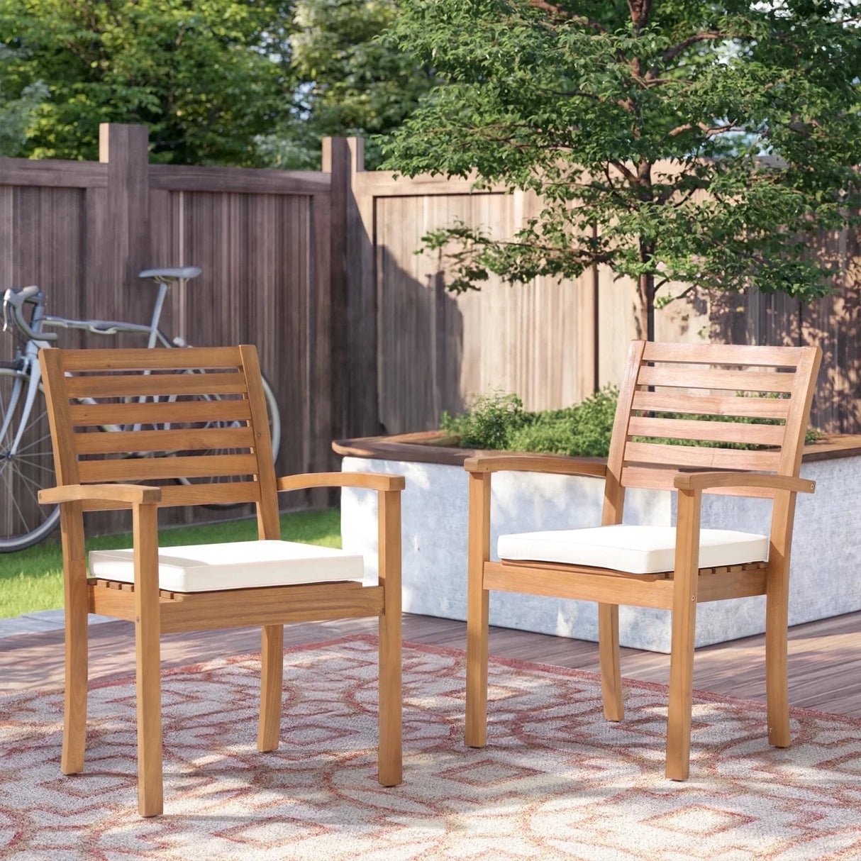 JOIVI Stackable Outdoor Dining Chairs, Patio Acacia Wooden Chairs with Cushions, Heavy Duty FSC Certified Wood, Set of 2