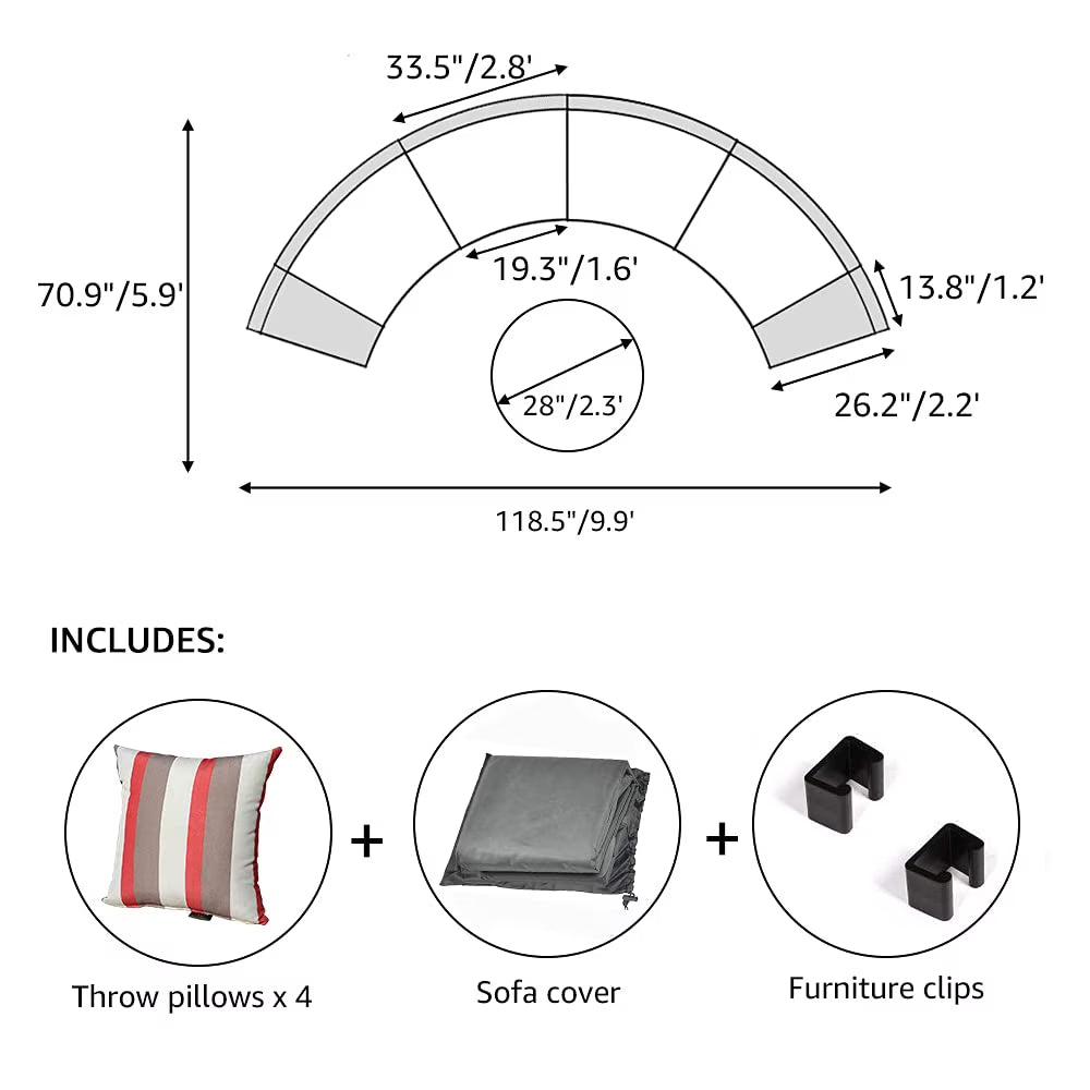 JOIVI 7-Piece Outdoor Patio Furniture Set, Sectional Half-Moon Sofa, Coffee Table, 4 Pillows, Cushion, with Waterproof Cover, for Garden, Backyard, Porch, Sunroom or Pool