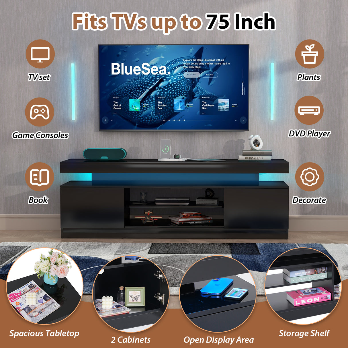 JOIVI LED TV Stand with Power Outlets, Modern High Gloss Entertainment Center for TVs Up to 75", TV Media Console with Storage