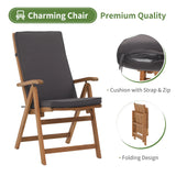 Folding Patio Dining Chair Set of 2, Outdoor Acacia Wooden Reclining Chair w/Armrest & Removeable Cushion, FSC Certified Wood, for Porch, Backyard, Garden, Indoor, No Assembly