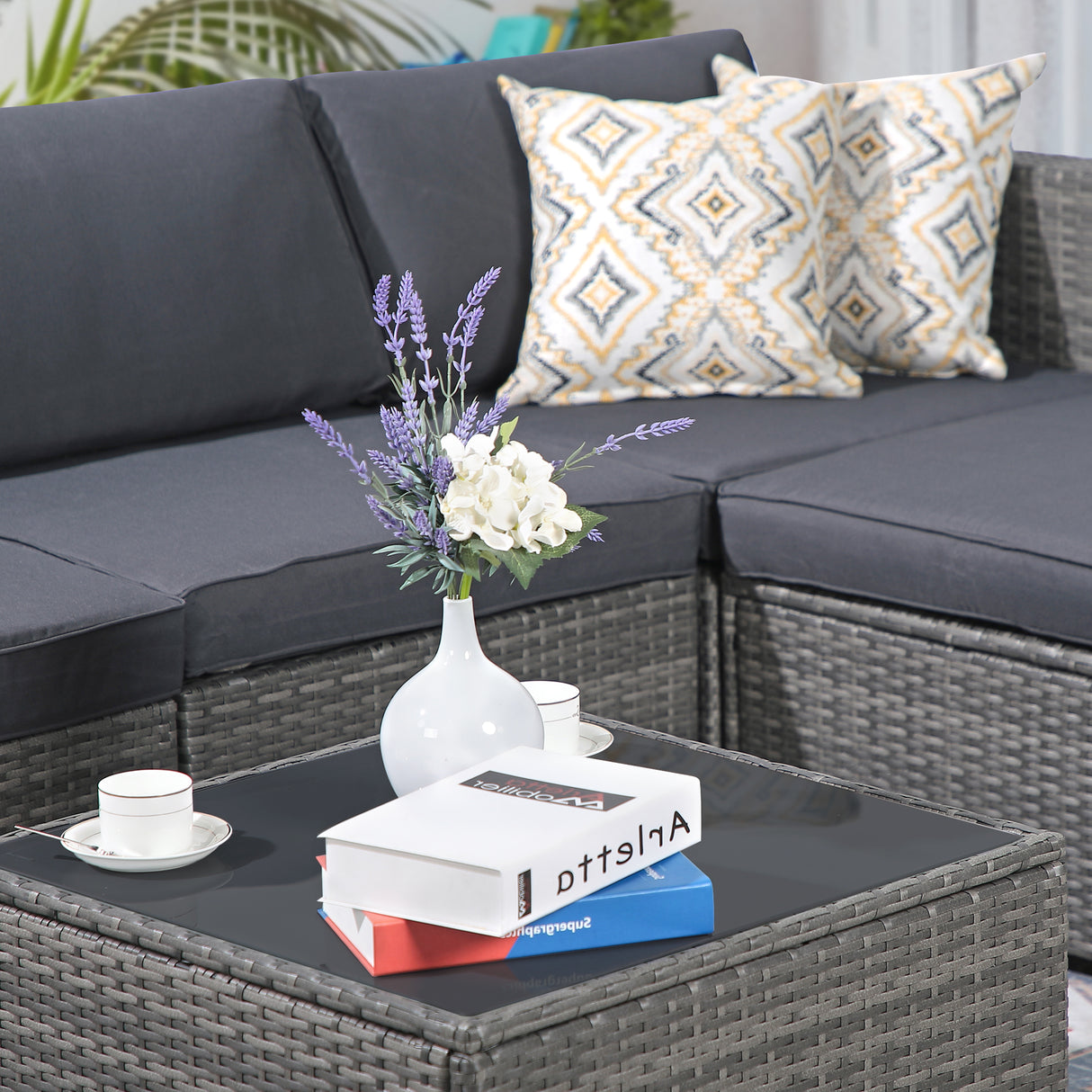 OC Orange-Casual Modern Outdoor Patio Furniture Set，5-Piece Gray Wicker Sectional Sofa, with Cushions and Coffee Table