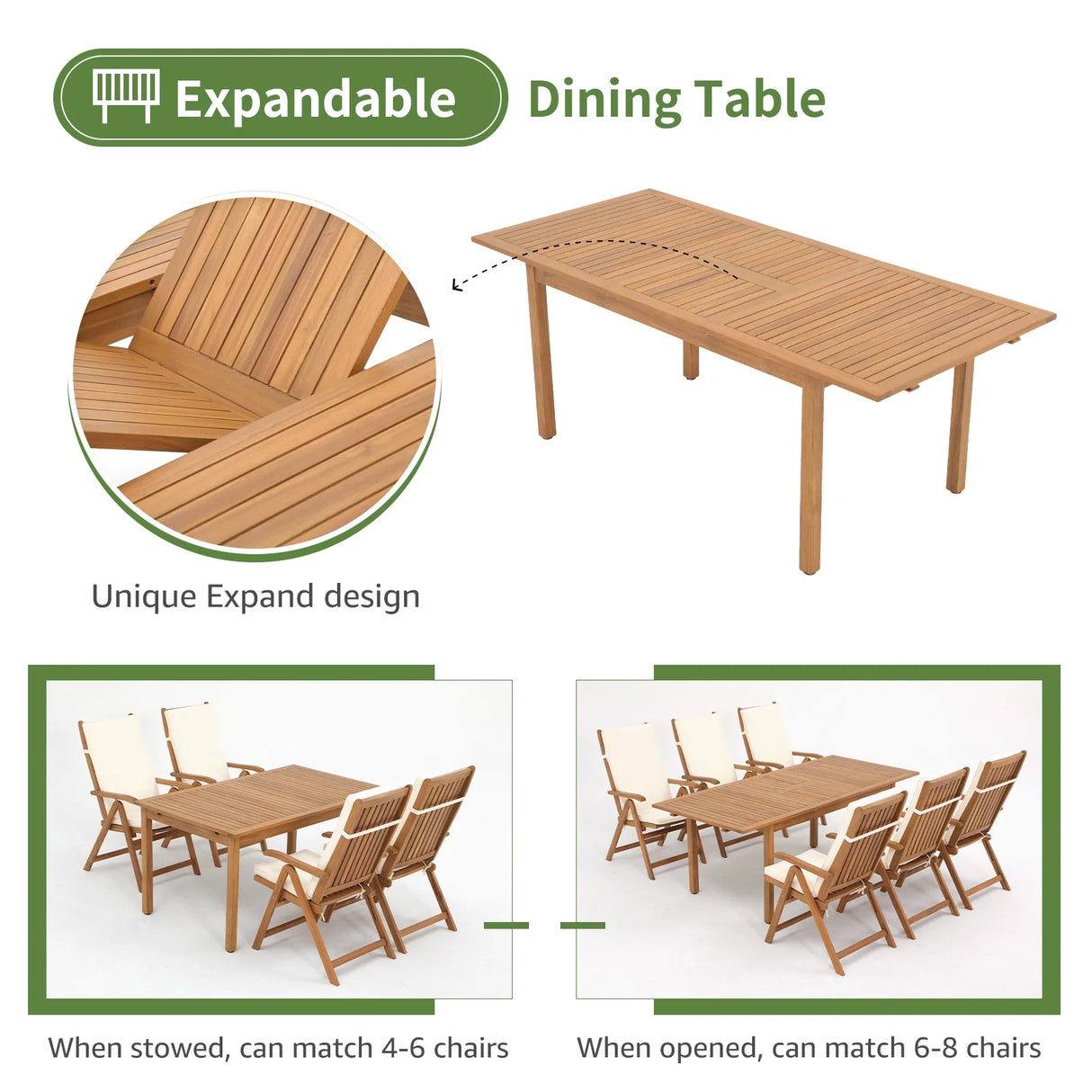 JOIVI 7 Piece Patio Dining Set, Outdoor Acacia Wood Furniture Set, Extendable Rectangular Table and 6 Foldable Reclining chairs for Deck Garden Backyard