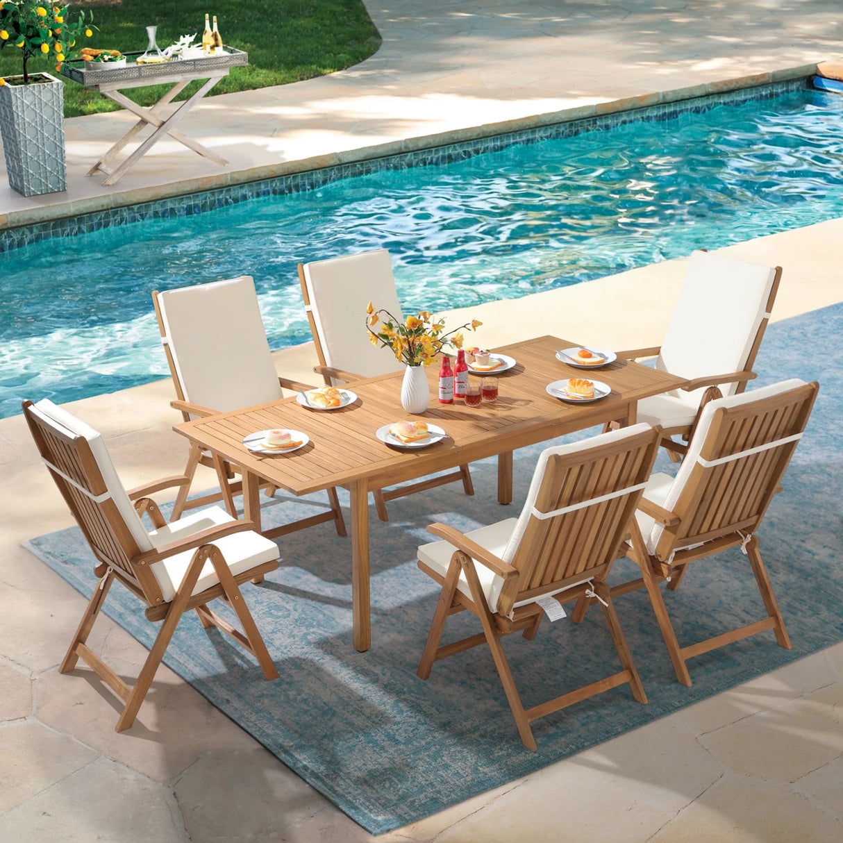 JOIVI 7 Piece Patio Dining Set, Outdoor Acacia Wood Furniture Set, Extendable Rectangular Table and 6 Foldable Reclining chairs for Deck Garden Backyard