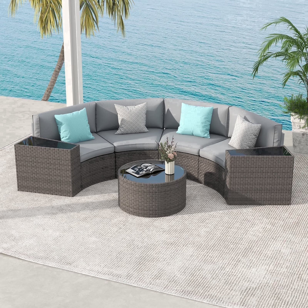 JOIVI 7-Piece Outdoor Patio Furniture Set, Sectional Half-Moon Sofa, Coffee Table, 4 Pillows, Cushion, with Waterproof Cover, for Garden, Backyard, Porch, Sunroom or Pool