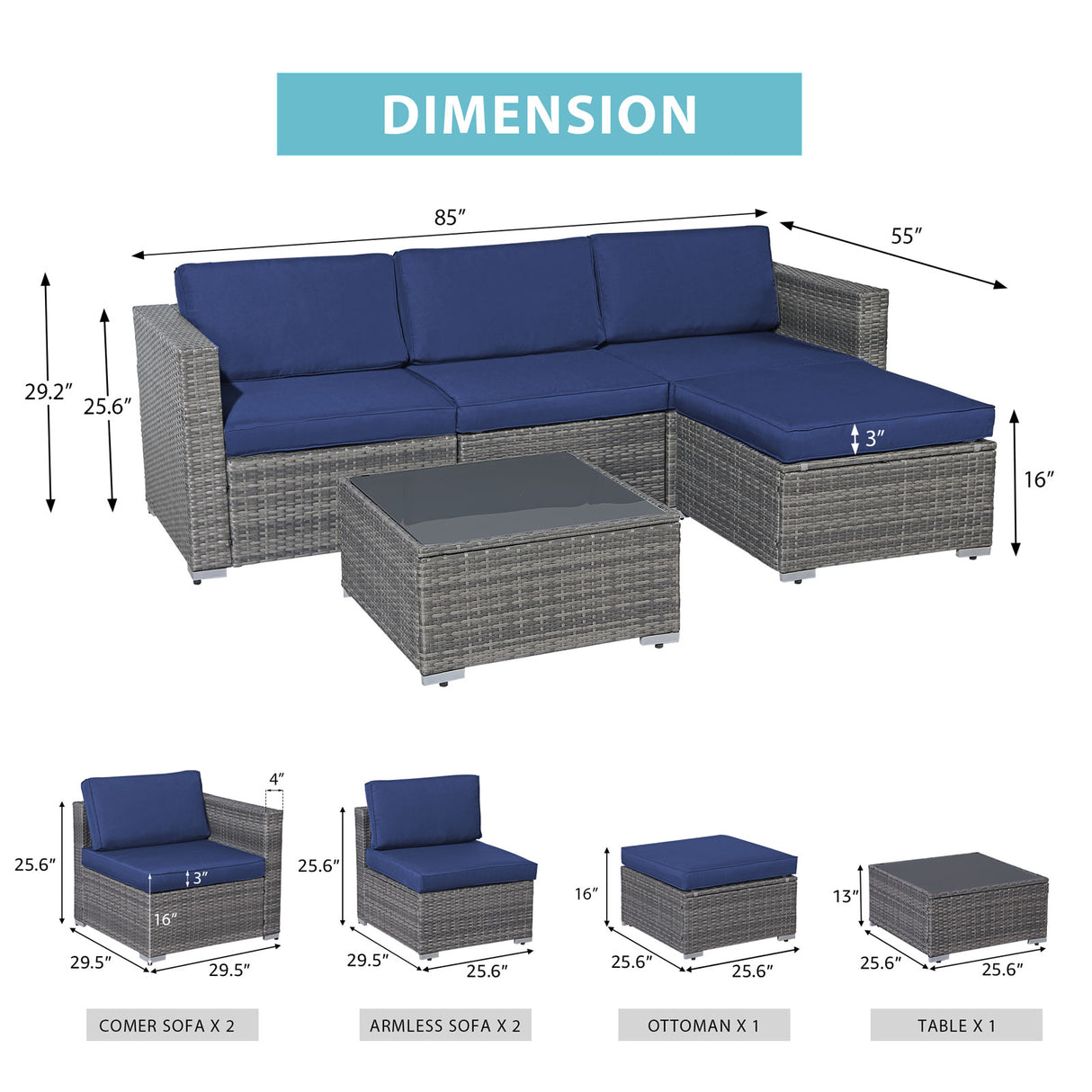 OC Orange-Casual Modern Outdoor Patio Furniture Set，5-Piece Gray Wicker Sectional Sofa, with Cushions and Coffee Table