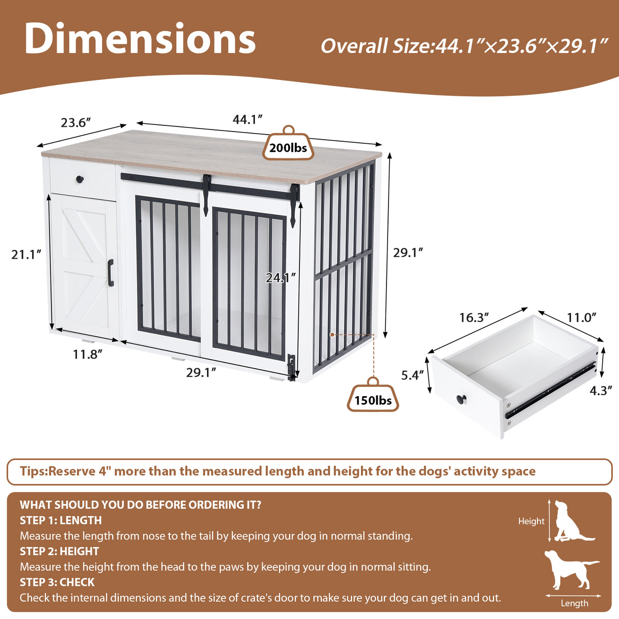 JOIVI 44" Dog Crate Furniture with Sliding Barn Door, Wooden Dog Kennel with Drawer and Storage Cabinet
