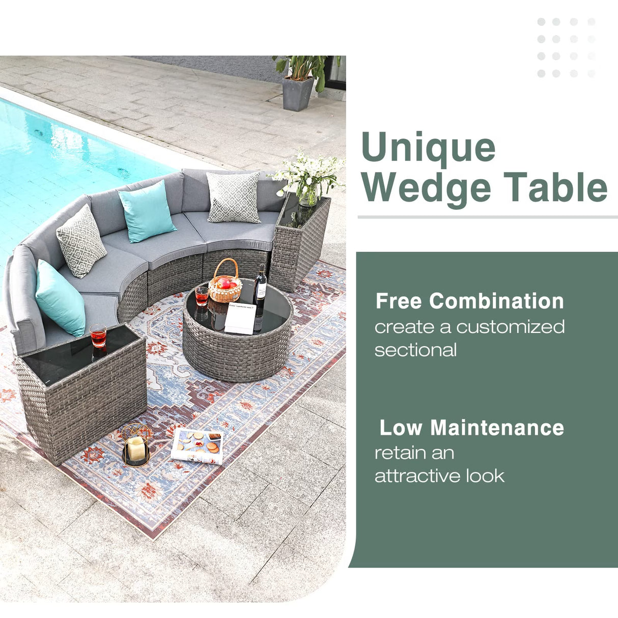 JOIVI 7-Piece Outdoor Patio Furniture Set, Sectional Half-Moon Sofa, Coffee Table, 4 Pillows, Cushion, with Waterproof Cover, for Garden, Backyard, Porch, Sunroom or Pool