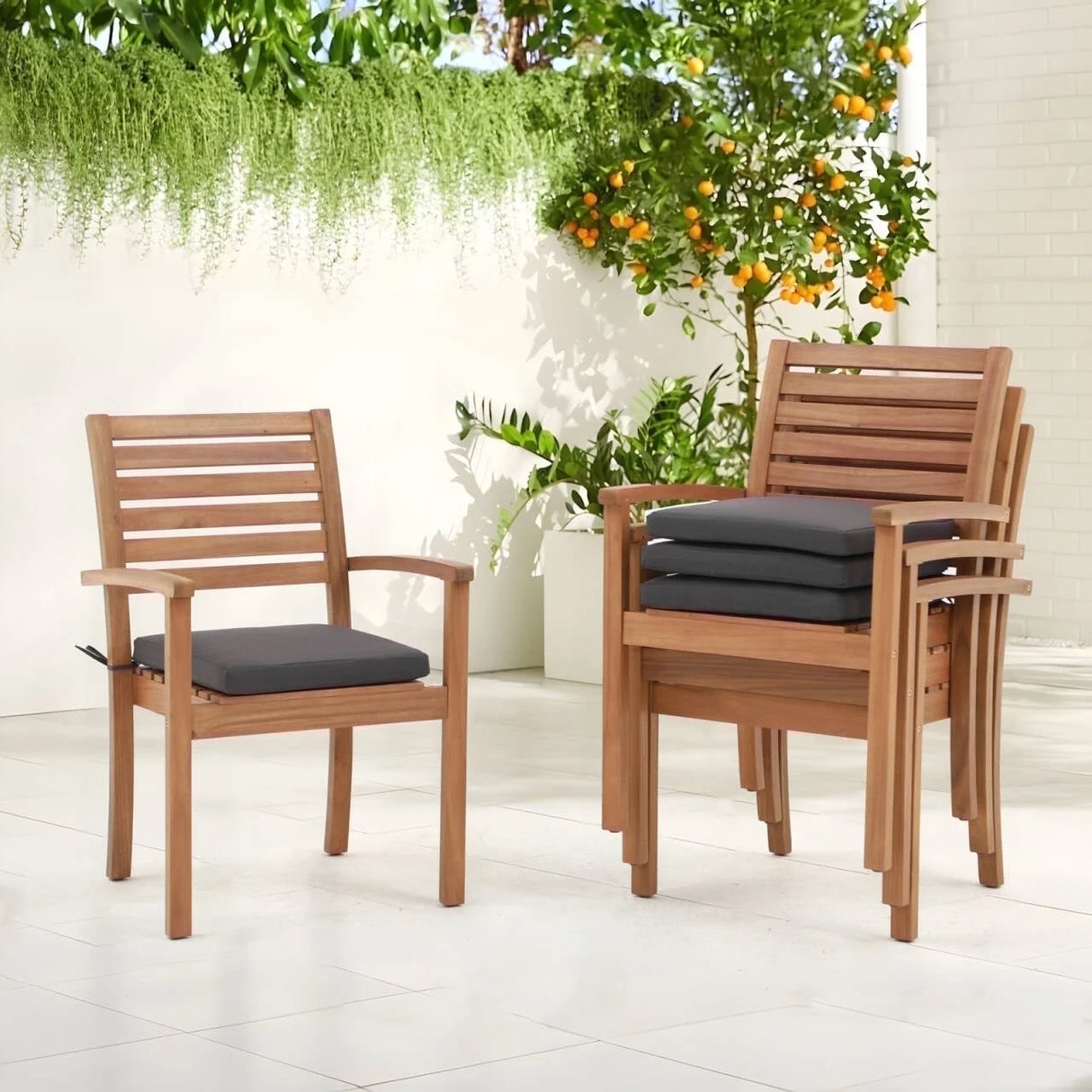 Stackable Patio Dining Chairs Set of 4, Outdoor Acacia Wooden Chairs w/Armrest & Removeable Fabric Cushion, FSC Certified Wood, for Porch, Backyard, Garden, Indoor