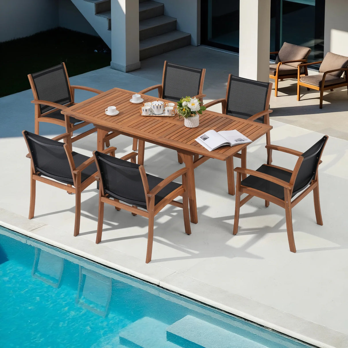 Outdoor Dining Chair with Textilene Fabric, Outdoor Acacia Wooden Chair, Ergonomic Armrests & Sturdy Wooden Frame, Set of 6