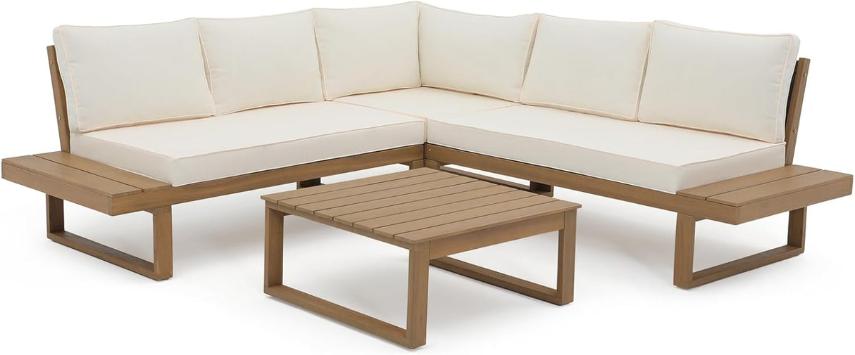 4 Piece Acacia Wood Patio Furniture L-Shaped Outdoor Sectional Sofa Set with Coffee Table, FSC Certified Conversation Set with Built-in Side Table