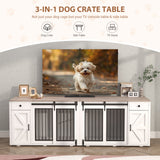 JOIVI 88" Dog Crate Furniture with Double Sliding Barn Doors & Drawers for 2 Dogs, Indoor Wooden Dog Kennel with Removable Divider
