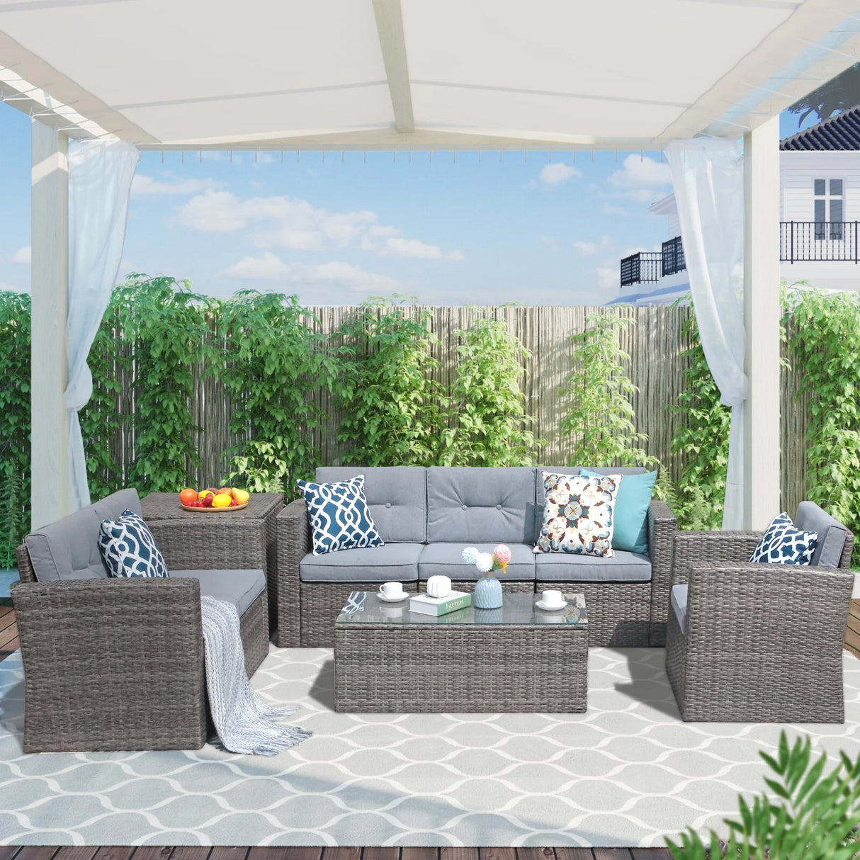 JOIVI 8 Pieces Patio Furniture Conversation Set, Outdoor Sectional Patio Sofa Set with Storage Box, Coffee Table, 3 Pillows, for Garden, Porch