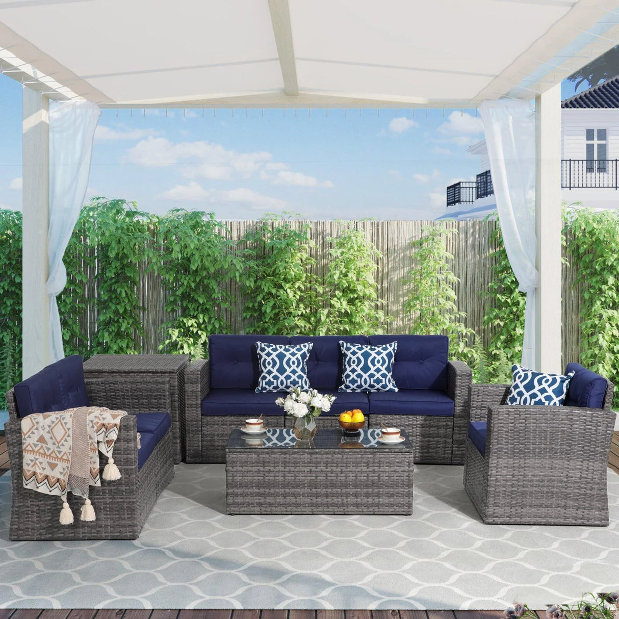 JOIVI 8 Pieces Patio Furniture Conversation Set, Outdoor Sectional Patio Sofa Set with Storage Box, Coffee Table, 3 Pillows, for Garden, Porch