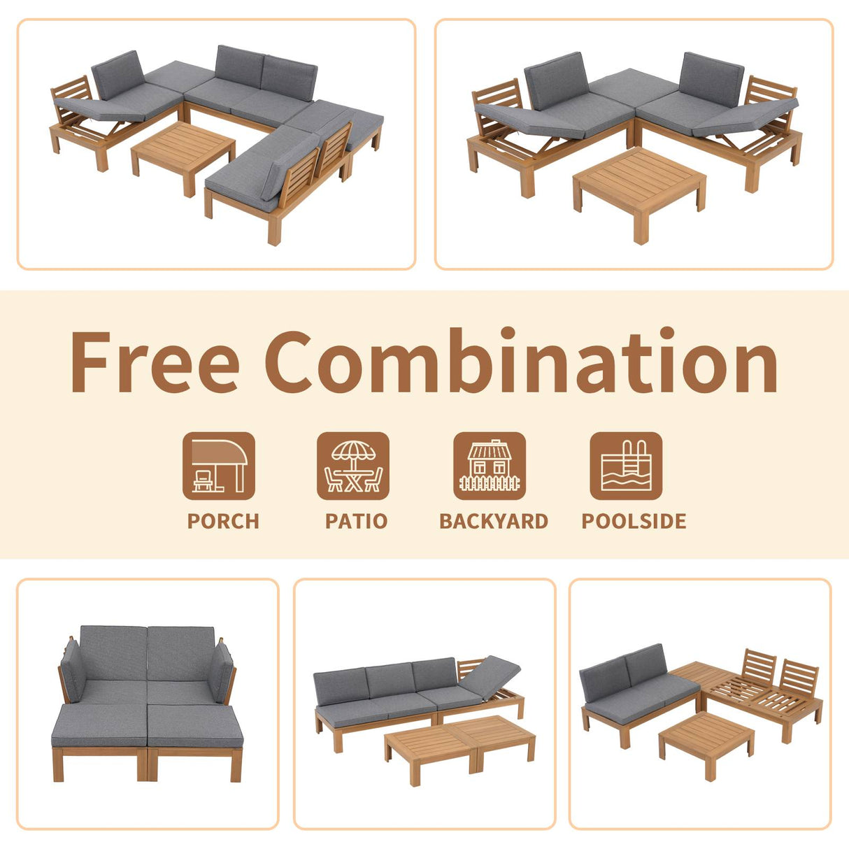 JOIVI 4 Piece Outdoor Acacia Furniture Set, Patio Furniture Sectional Sofa Set with Adjustable Armrest and 2-in-1 Coffee Table for Backyard, Garden, Balcony
