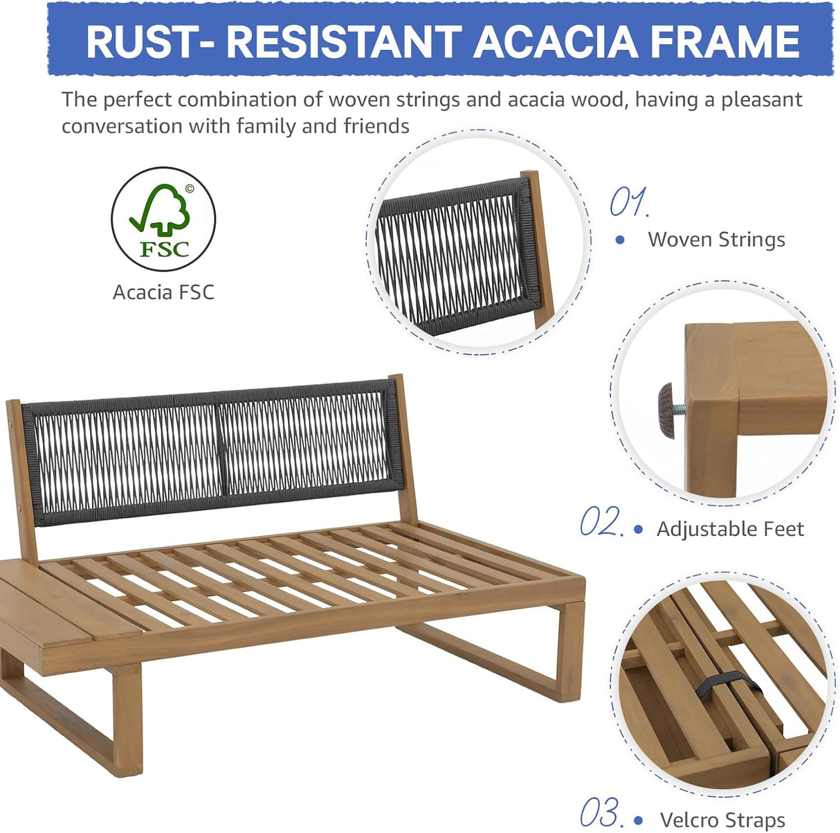 4 Piece Acacia Wood Patio Furniture L-Shaped Outdoor Sectional Sofa Set with Coffee Table, FSC Certified Conversation Set with Built-in Side Table