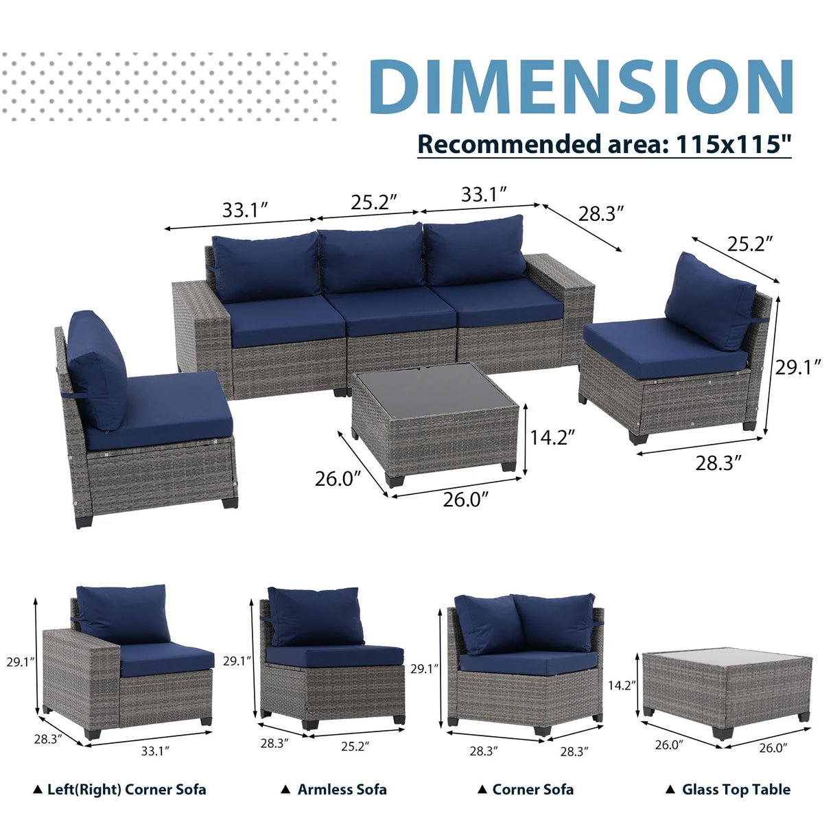 6 Pieces Patio Furniture Conversation Set, Wicker Outdoor Sectional Sofa Set with Coffee Table and Cushions for Deck, Garden, Porch