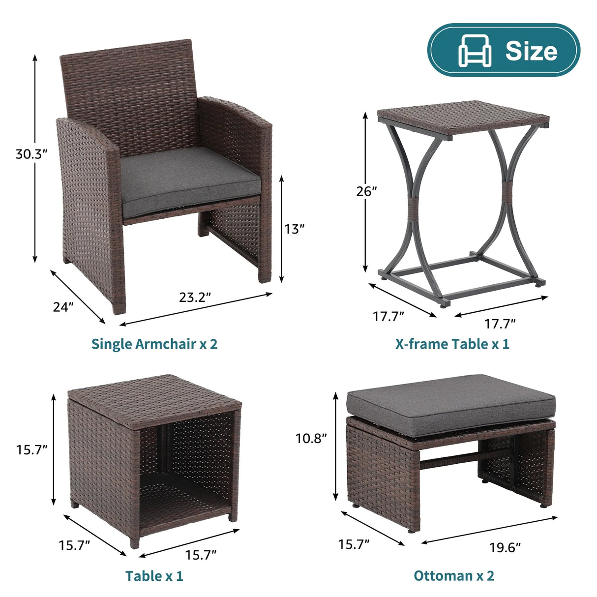 6 Piece Patio Wicker Furniture Set, Rattan Outdoor Chairs, with Cushioned Ottoman, Resin Nesting Table, Modern Design