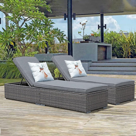 JOIVI Outdoor Chaise Lounge Chairs, Gray Wicker Rattan Adjustable Position Sun Lounger with Removable Gray Cushions- Set of 2
