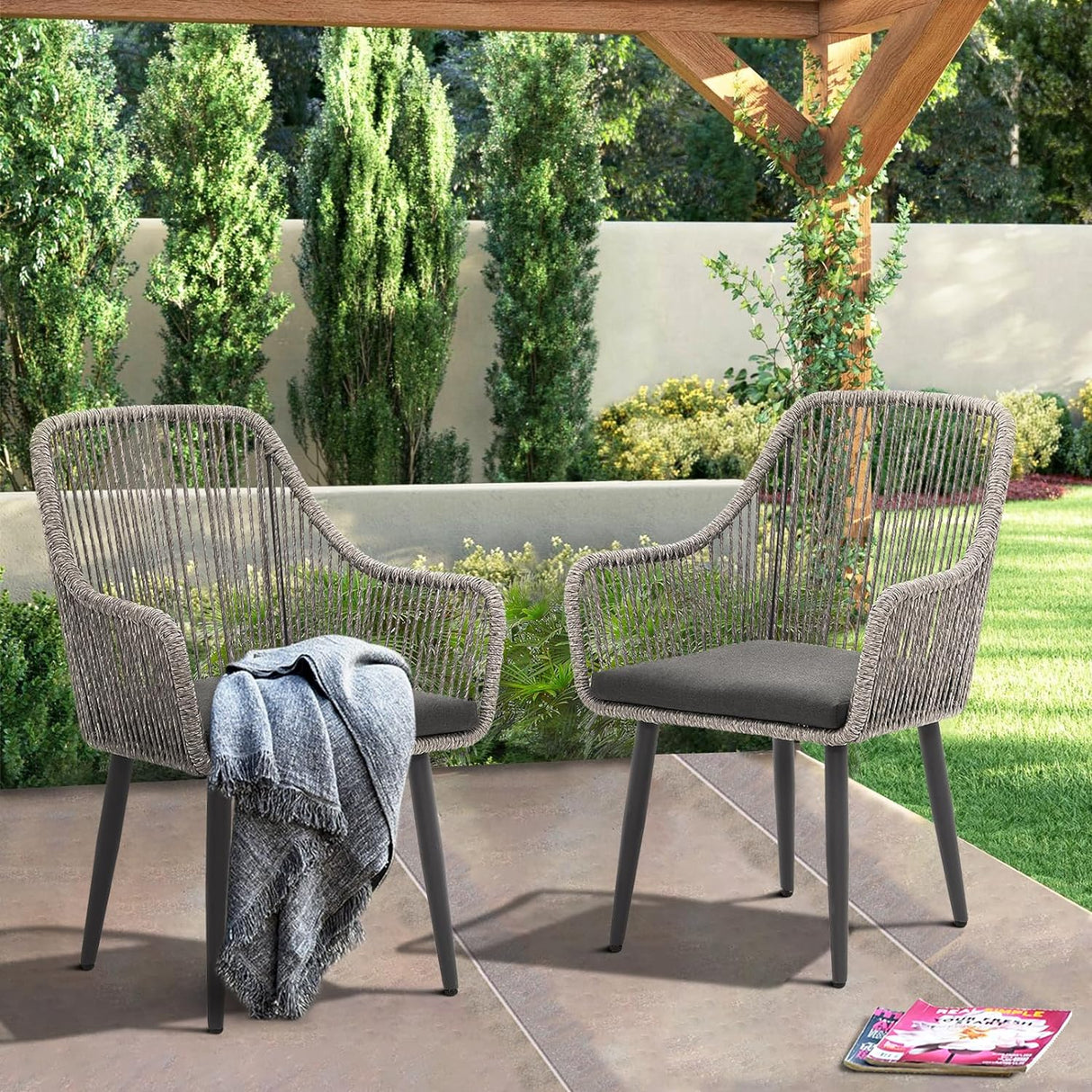JOIVI Patio Wicker Chairs, 2 Pieces Outdoor Dining Chairs, All Weather Rattan Armchairs with Cushions