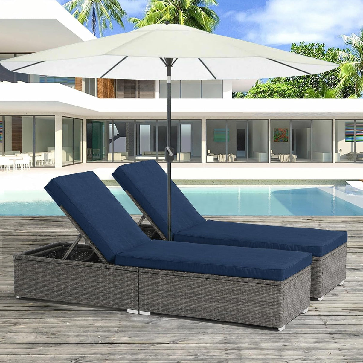 JOIVI Outdoor Chaise Lounge Chairs, Gray Wicker Rattan Adjustable Position Sun Lounger with Removable Gray Cushions- Set of 2