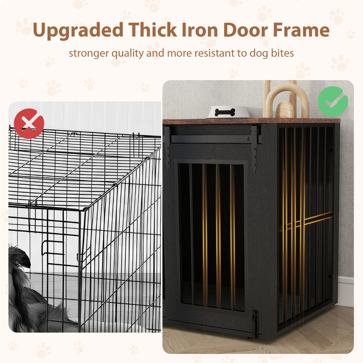 JOIVI  44" Dog Crate Furniture, Wooden Dog Kennel with Sliding Barn Door, Drawer and Storage Cabinet