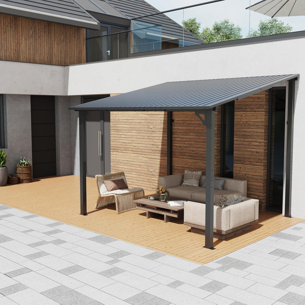 OC Orange-Casual Patio All-Iron Gazebo,Hard Top Lean to Gazebo Pergola with Roof,Wall Mounted Heavy Duty Awnings