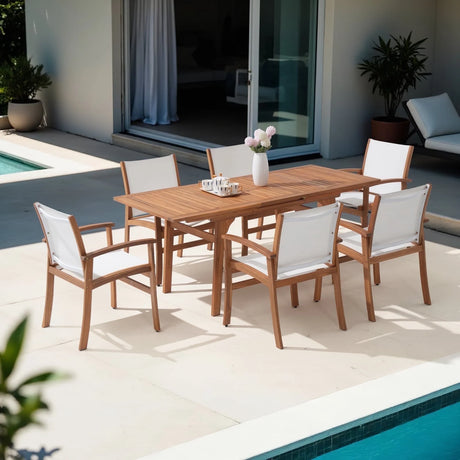 JOIVI Expandable Wooden Outdoor Dining Set of 7, with Textilene Fabric Chairs, 4-8 Seater Patio Furniture, Adjustable Feet, Wood Table with Umbrella Hole