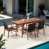 JOIVI Expandable Wooden Outdoor Dining Set of 7, with Textilene Fabric Chairs, 4-8 Seater Patio Furniture, Adjustable Feet, Wood Table with Umbrella Hole