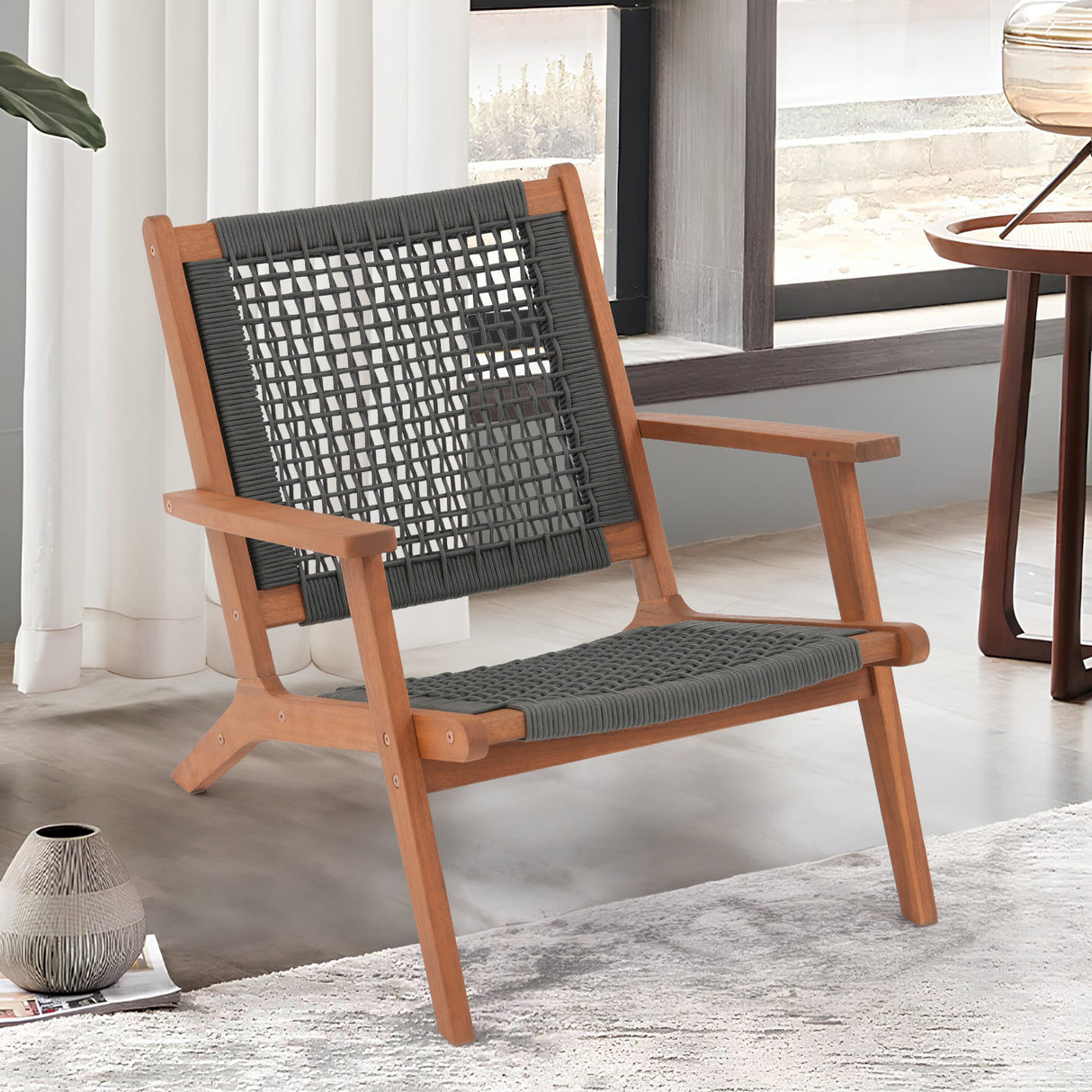 JOIVI Acacia Wood Patio Chair Set of 2, Modern Accent Chairs with Armrest, Reading Armchair with Rope Woven Backrest and Seat