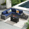 JOIVI 7 Pieces Patio Furniture Set with 45” Fire Pit Table, Rattan Sectional Sofa and Table Set with 50,000 BTU Gas Fire Pit